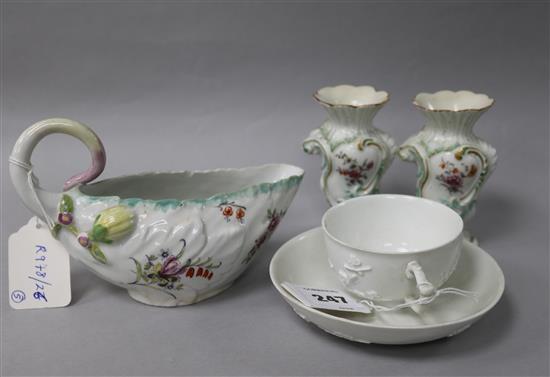 A Derby leaf shaped sauce boat, c.1960, a pair of Rococo vases, c.1765, sauceboat with some overpainting
